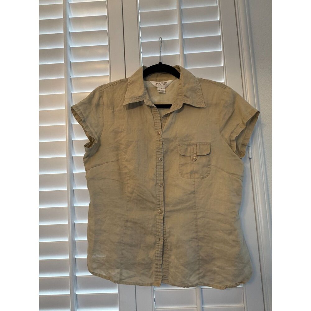 Allison Taylor Tan 100% Linen Short Sleeve Button Up Shirt Utility Pocket M